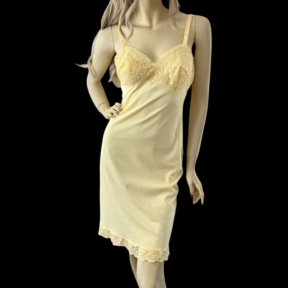 Vintage 60s Yellow Slip Dress Small Lace Detail USA Made‎ Nylon Vintage Lingerie